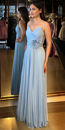 Mavi Çiçek Detaylı Kloş Etekli Tül Uzun Abiye Elbise 11003