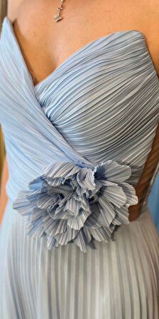 Mavi Çiçek Detaylı Kloş Etekli Tül Uzun Abiye Elbise 11003