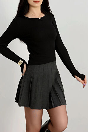 Bisiklet Yaka Parmak Geçmeli Kaşkorse bluz siyah a3829