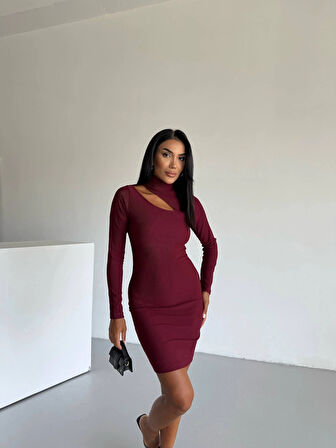 Boğazlı gögüs dekolteli elbise bordo f2333