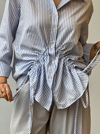 Önü büzgü detaylı çizgili gömlek