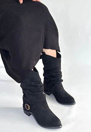 Canty Siyah Süet Körüklü Topuklu Çizme