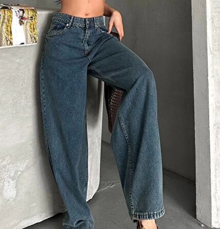 Baggy kar yıkama yeşil tint jeans pantolon d2007