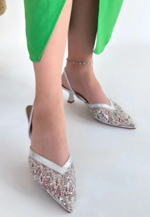 Toyi Gümüş Saten Topuklu Ayakkabı