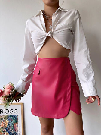 Cep detaylı oval kapaklı deri etek fuşya h240048