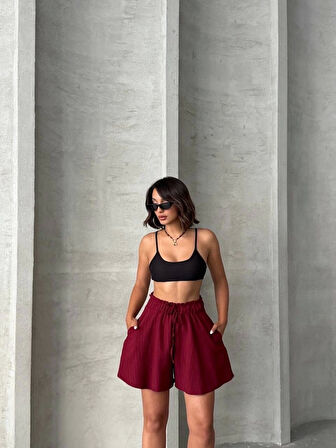 Volanlı keten şort bordo s255058