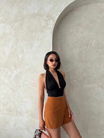 Kapaklı şort etek camel s208