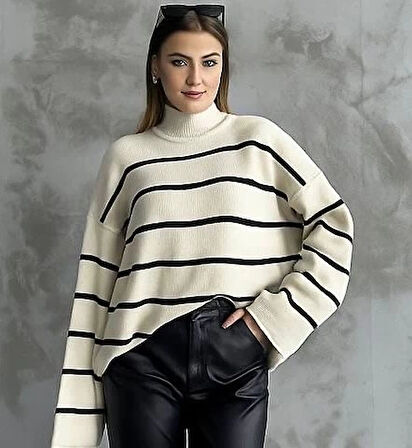 Çizgili ispanyol kol triko boğazlı kazak beyaz elf