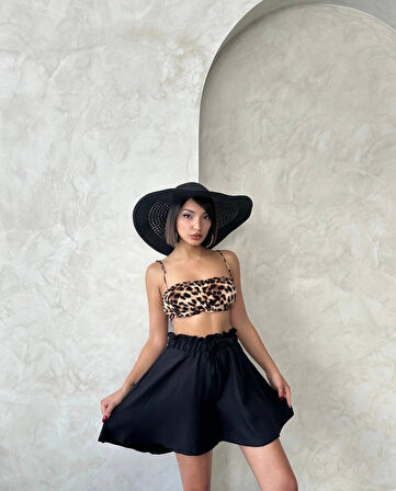 Volanlı keten şort siyah s255058