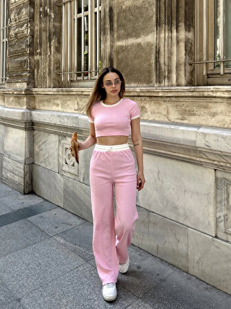Crop pantolon biyeli takım pembe