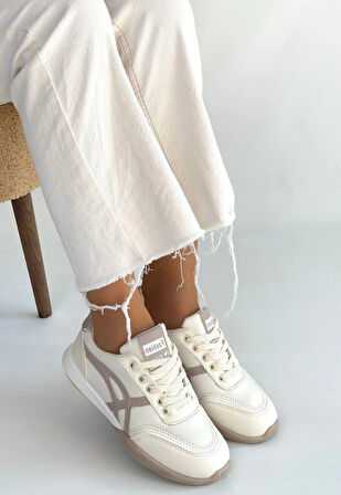 Zlay Bej Cilt Vizon Detaylı Bağcıklı Spor Ayakkabı