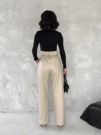 Kendinden ince kemerli deri pantolon bej t1178