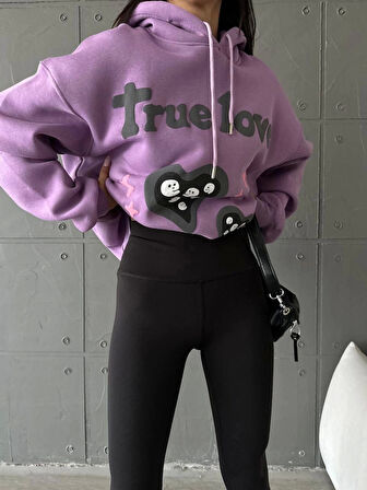 3 iplik şardonlu oversize compact true baskılı sweat mor