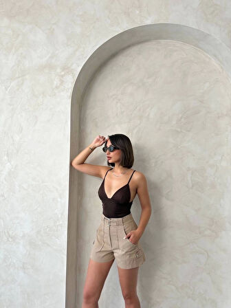 Kemer detaylı gabardin şort bej s25289