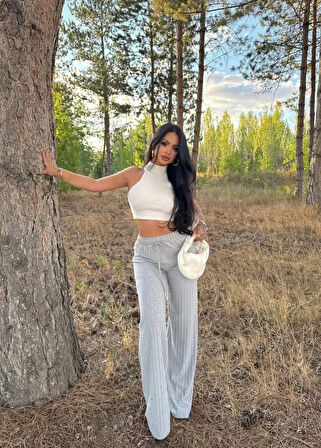 Fitilli şardonlu pantolon gri a4058