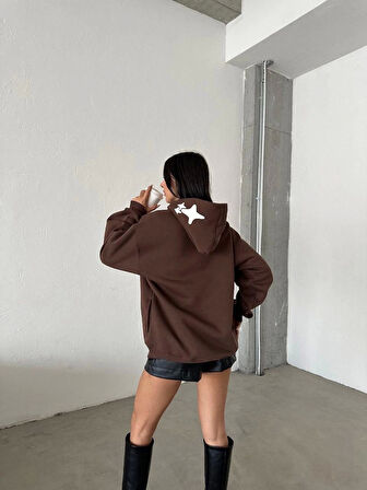 3 iplik şardonlu oversize compact out of baskılı sweat kahve
