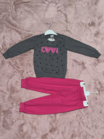 3-7 yaş pontiyeli ikili alt üst takım gri fuşya kız çocuk