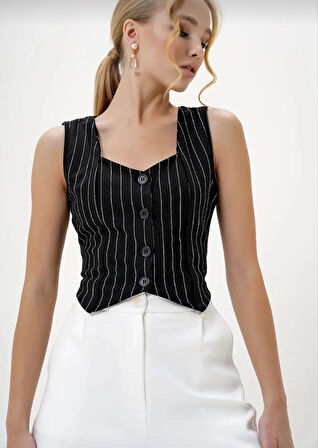 Çizgili krep düğmeli yelek siyah s3395