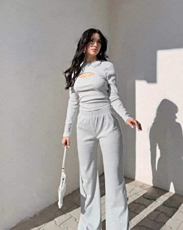 Pencereli detaylı alt üst takım gri w3864