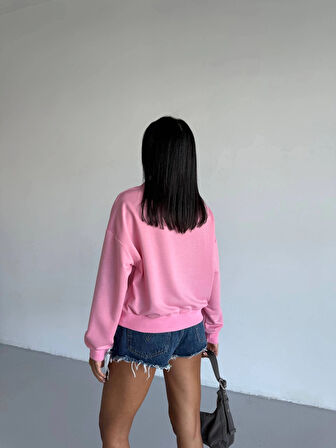 2 iplik bisiklet yaka sweat pembe f2339