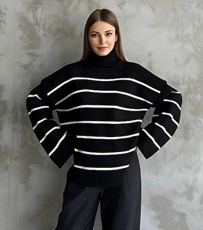 Çizgili ispanyol kol triko boğazlı kazak siyah elf