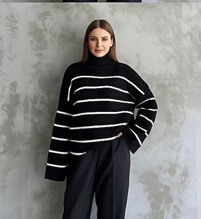Çizgili ispanyol kol triko boğazlı kazak siyah elf