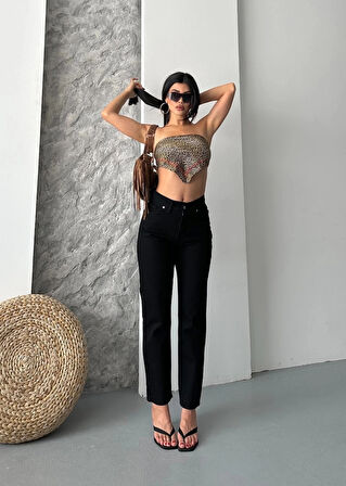 Mom fit enzim taş yıkama jeans pantolon siyah d2006