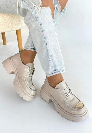 Kiya Bej Rugan Dolgu Topuk Oxford Ayakkabı