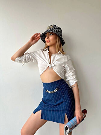 Zincir detaylı çizgili şort etek