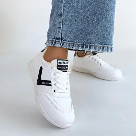 Jowen Beyaz Cilt Siyah Detaylı Bağcıklı Spor Ayakkabı