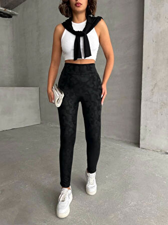 Gizli yan fermuarlı bulut desenli tayt siyah h248638