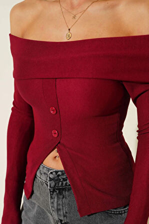 Madonna Yaka Düğmeli Bluz bordo t4329