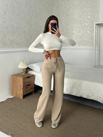 Fitilli şardonlu pantolon bej a4058