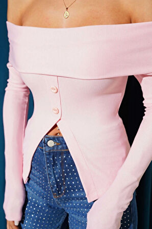 Madonna Yaka Düğmeli Bluz pembe t4329