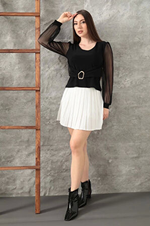 Tokalı tül kollu bluz siyah t4071