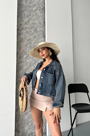 Çift cepli kol katlamalı kar yıkama crop kot ceket kahve tint d2000