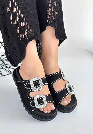 Juana Siyah Nubuk  Taşlı Terlik