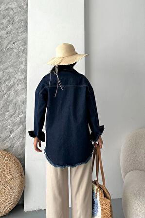 Cepli püsküllü kar yıkama kot ceket koyu mavi d2515