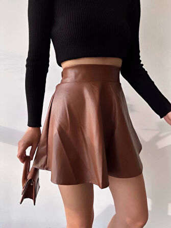 Beli lastikli deri etek kahve s24599