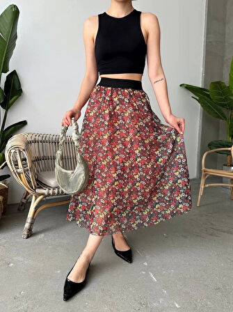 Baskılı astarlı uzun etek