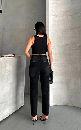 Mom fit enzim bıyıklı taş yıkama jeans pantolon siyah d2006