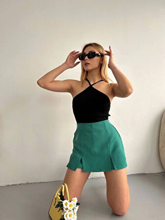 Çift yırtmaçlı atlas şort etek yeşil s240364