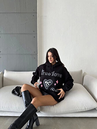 3 iplik şardonlu oversize compact true baskılı sweat siyah