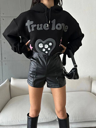 3 iplik şardonlu oversize compact true baskılı sweat siyah