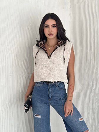 Astarlı kapşonlu kuzu yelek beyaz t1243