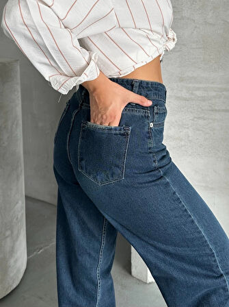 Palazzo bıyık enzim yıkama jeans pantolon koyu mavi d2008