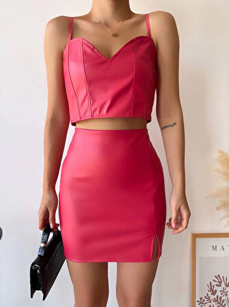 Tek yırtmaçlı arkadan fermuarlı deri etek fuşya s24475