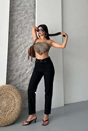 Mom fit enzim taş yıkama jeans pantolon siyah d2006