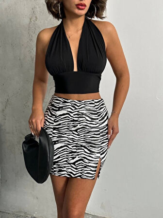 Tek yırtmaçlı zebra desenli deri etek beyazsiyah w24475-S