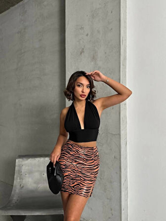 Tek yırtmaçlı zebra desenli deri etek kahvesiyah w24475-S